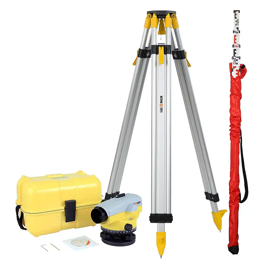 GEOMAX Nivelliergerät ZAL232 mit Koffer, Justagewerkzeug, Bedienungsanleitung, GEOMAX Stativ und Teleskop-Nivellierlatte