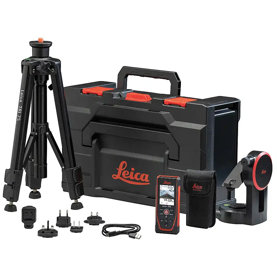 Leica Disto D5 Laserdistanzmessgerät mit Koffer, Leica FTA 360 Adapter, Leica TRI 75 Stativ, Ladegerät und Tasche