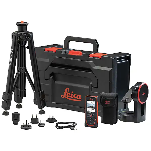 Leica Disto D5 Laserdistanzmessgerät mit Koffer, Leica FTA 360 Adapter, Leica TRI 75 Stativ, Ladegerät und Tasche